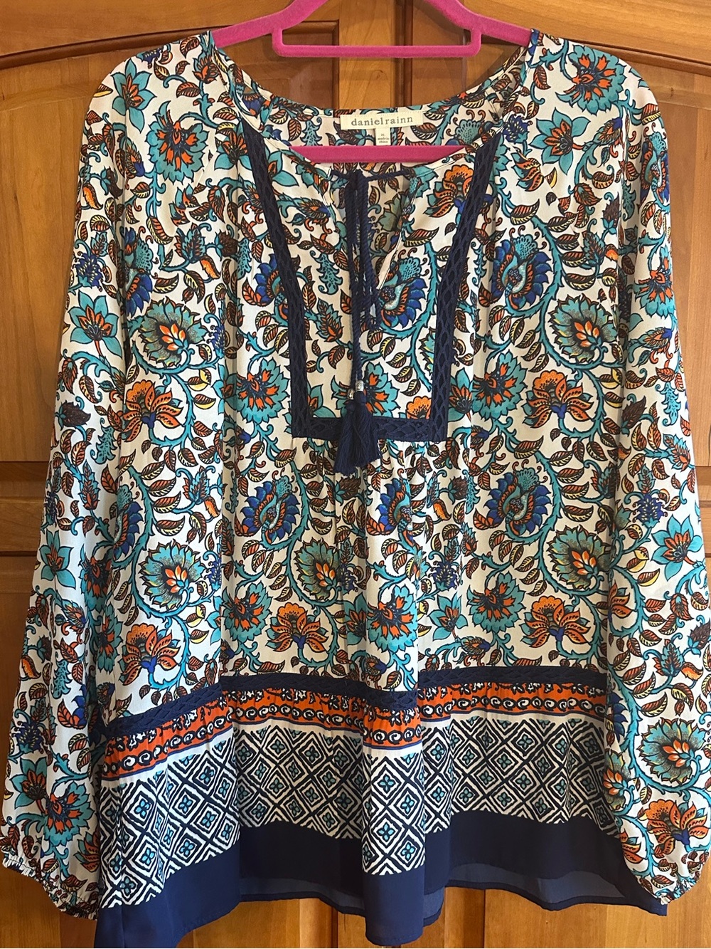 Daniel Rainn Floral Tie-Neck Blouse in Teal, Orange & Navy, Like New Unworn.